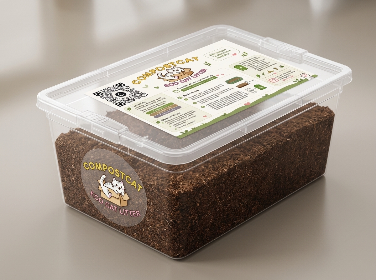 Presentación con IA de dos cajas plásticas de Compostcat con tapa, sticker de logo al frente y etiqueta informativa en la tapa